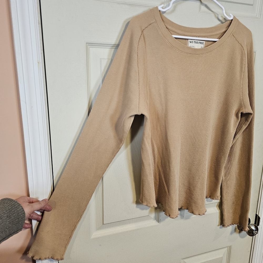 Free People Waffle Knit Scalloped Hem Easy Does It Cotton Top - Picture 7 of 9